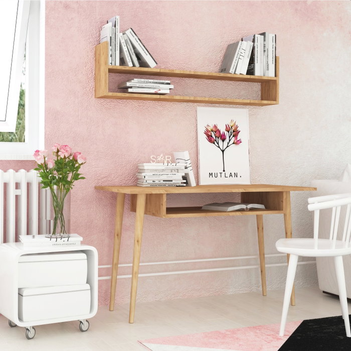 Hanah Home Mesa de Estudio Roble 120x60x74cm, Escritorio con Estante y Estantería de Pared, Tablero Partículas Melamina 18mm